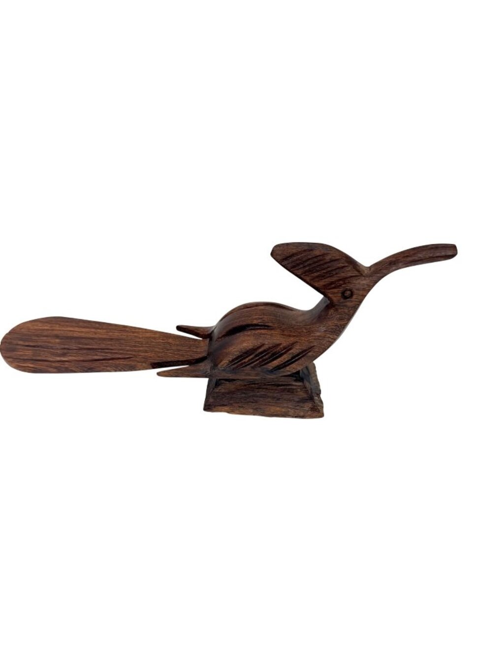 Hand carved vintage wooden roadrunner, intricate, MCM, retro